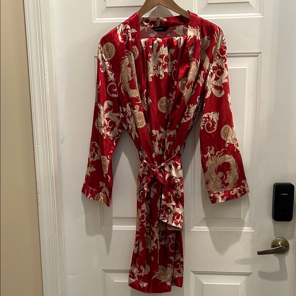 ESCALIER Satin Robe and pants Wine & Gold Size